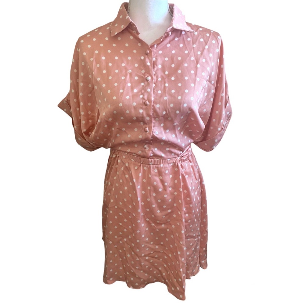 Pink Satin button up white polka dot dress Size M